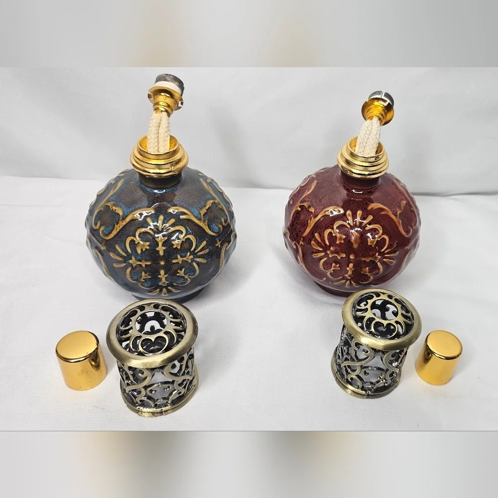Vintage Ceramic Diffusers With Ornate Metal Scroll Lid Blue & Maroon